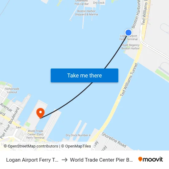 Logan Airport Ferry Terminal to World Trade Center Pier Boston MA map