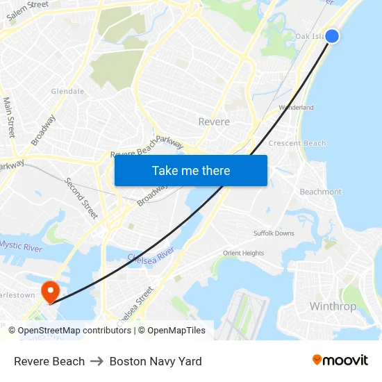 Revere Beach to Boston Navy Yard map