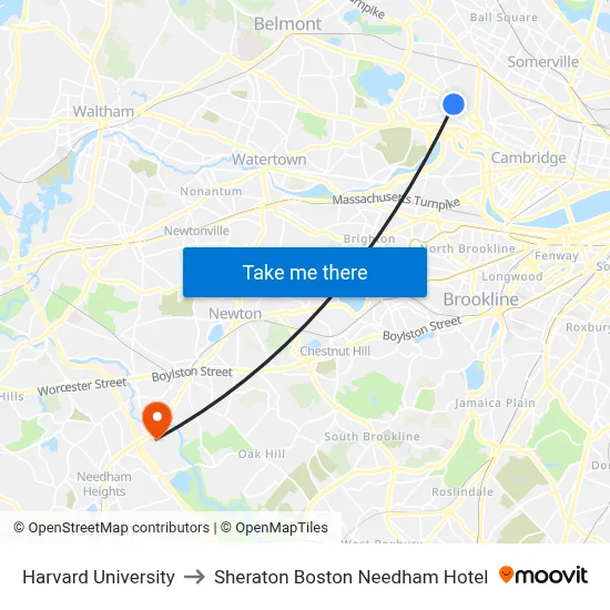 Harvard University to Sheraton Boston Needham Hotel map