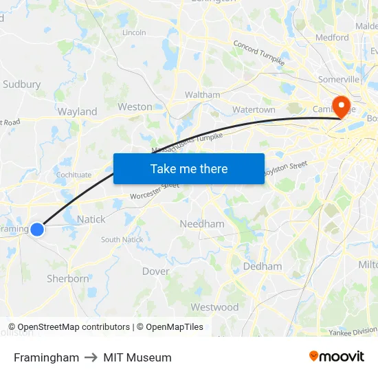 Framingham to MIT Museum map