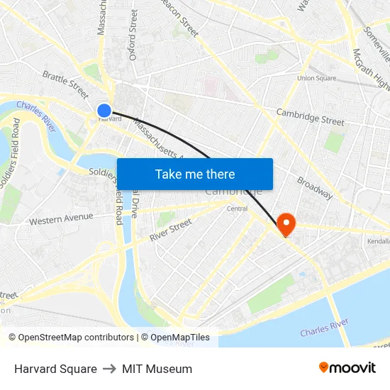 Harvard Square to MIT Museum map
