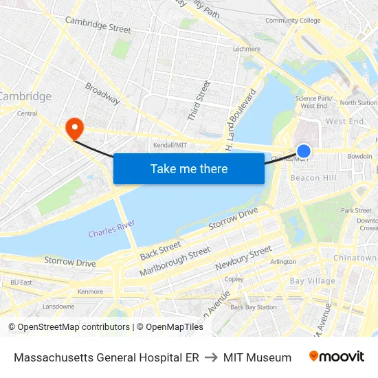 Massachusetts General Hospital ER to MIT Museum map
