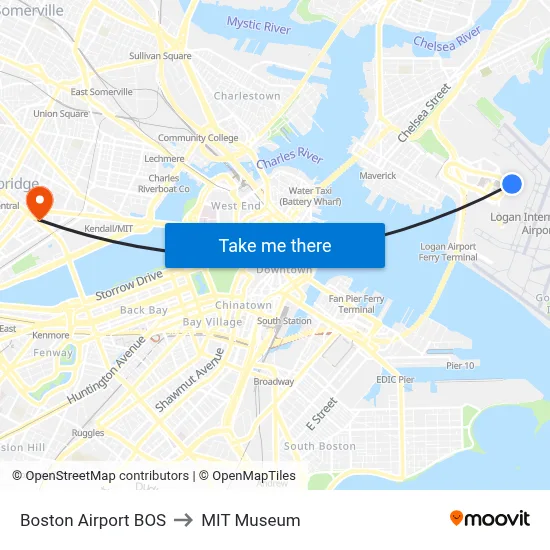 Boston Airport BOS to MIT Museum map