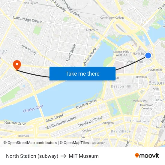 North Station (subway) to MIT Museum map