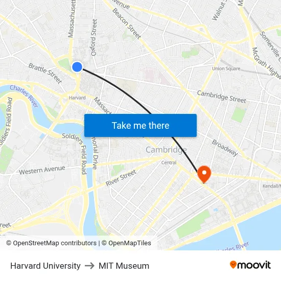 Harvard University to MIT Museum map