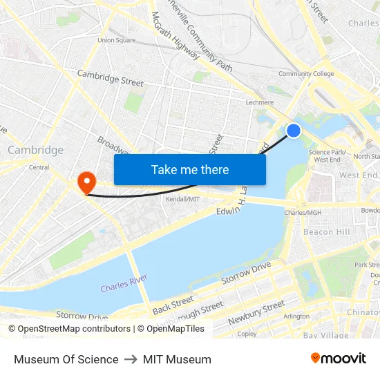 Museum Of Science to MIT Museum map