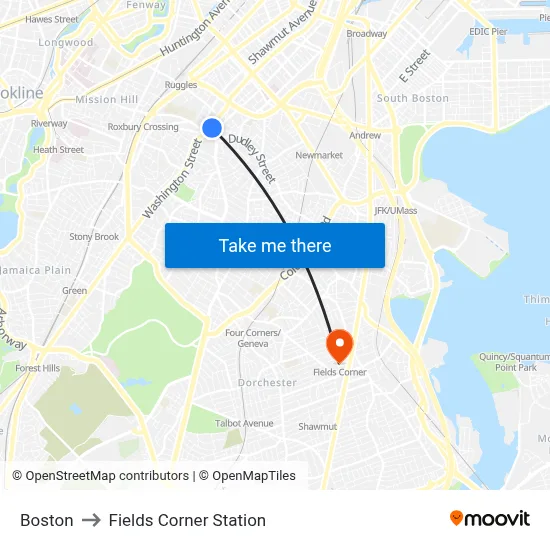 Boston to Fields Corner Station map