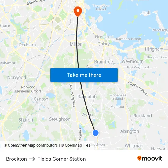 Brockton to Fields Corner Station map