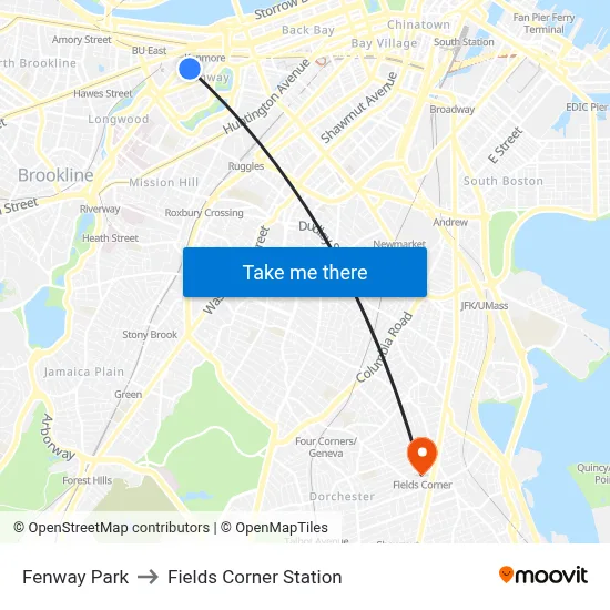Fenway Park to Fields Corner Station map