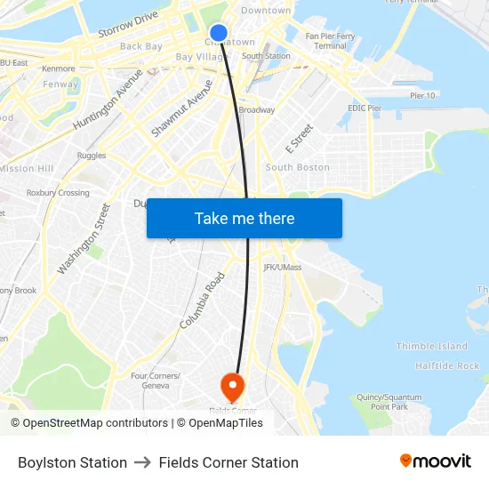 Boylston Station to Fields Corner Station map
