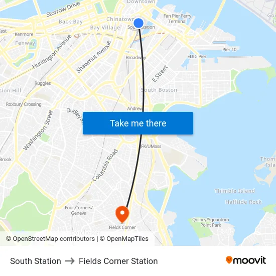 South Station to Fields Corner Station map