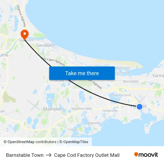 Barnstable Town to Cape Cod Factory Outlet Mall map