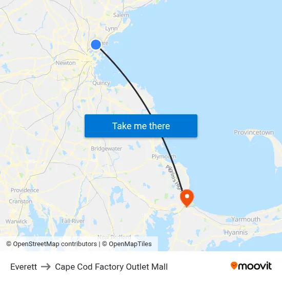 Everett to Cape Cod Factory Outlet Mall map