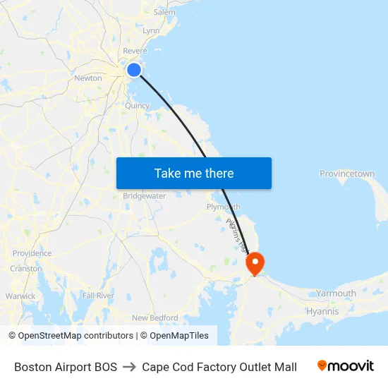 Boston Airport BOS to Cape Cod Factory Outlet Mall map