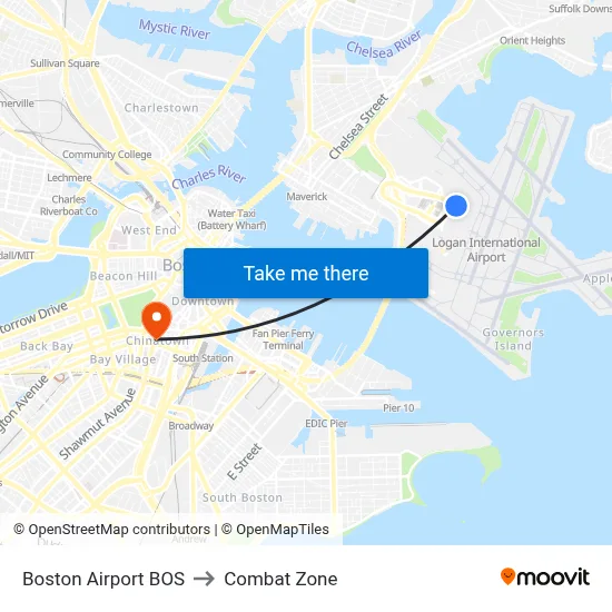 Boston Airport BOS to Combat Zone map