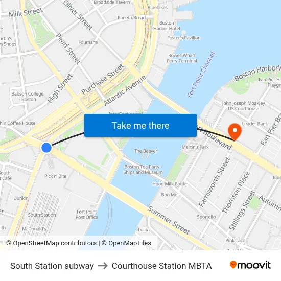 South Station subway to Courthouse Station MBTA map