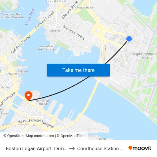Boston Logan Airport Terminal C to Courthouse Station MBTA map