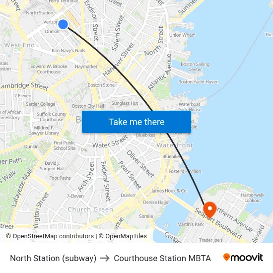 North Station (subway) to Courthouse Station MBTA map