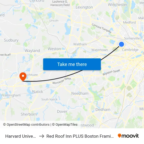Harvard University to Red Roof Inn PLUS Boston Framingham map