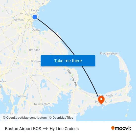 Boston Airport BOS to Hy Line Cruises map