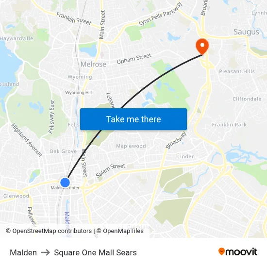 Malden to Square One Mall Sears map