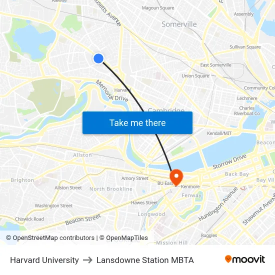 Harvard University to Lansdowne Station MBTA map