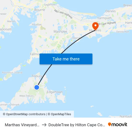 Marthas Vineyard Island to DoubleTree by Hilton Cape Cod Hyannis map
