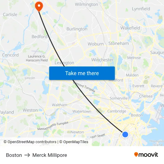 Boston to Merck Millipore map