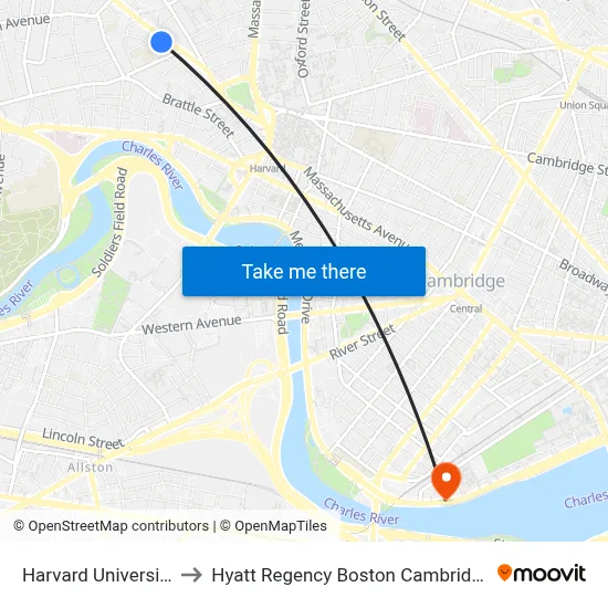 Harvard University to Hyatt Regency Boston Cambridge map