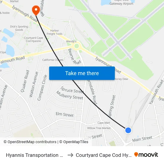Hyannis Transportation Center to Courtyard Cape Cod Hyannis map