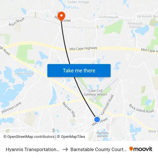Hyannis Transportation Center to Barnstable County Court House map
