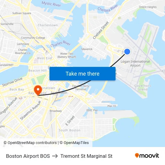 Boston Airport BOS to Tremont St Marginal St map