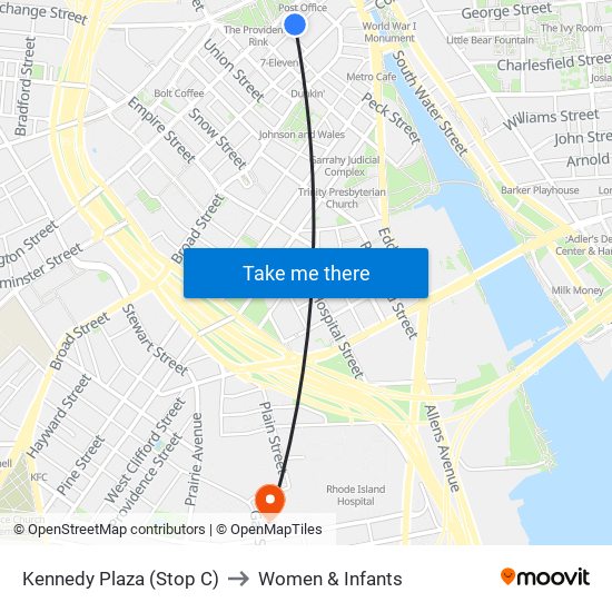 Kennedy Plaza (Stop C) to Women & Infants map