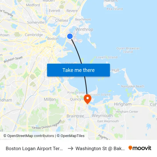 Boston Logan Airport Terminal C to Washington St @ Baker Ave map