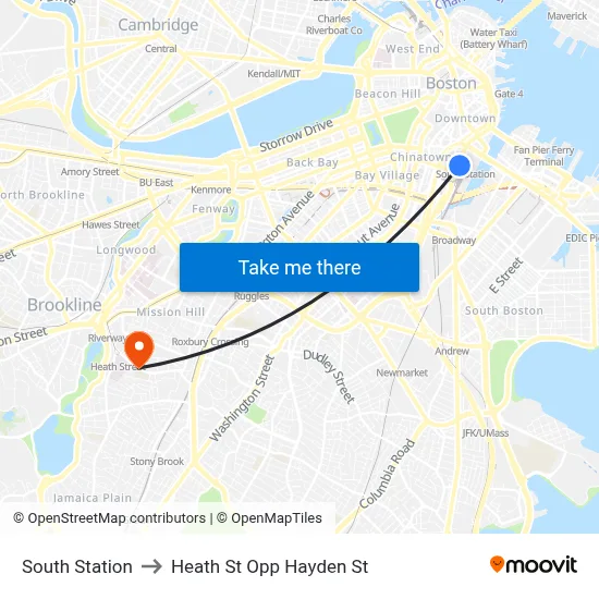 South Station to Heath St Opp Hayden St map