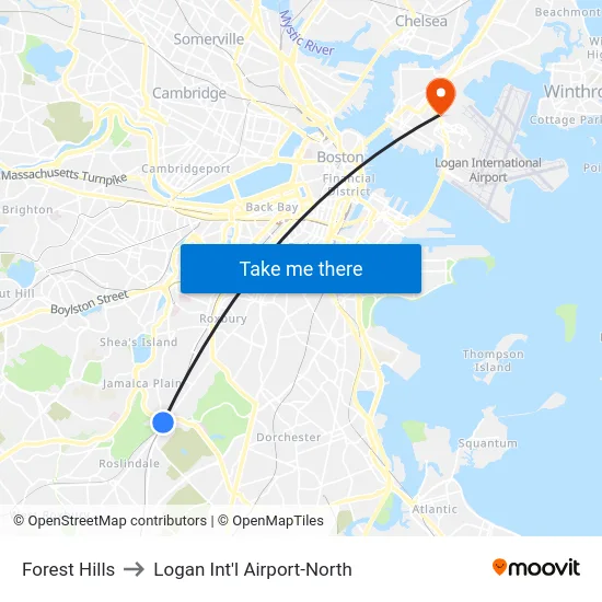 Forest Hills to Logan Int'l Airport-North map