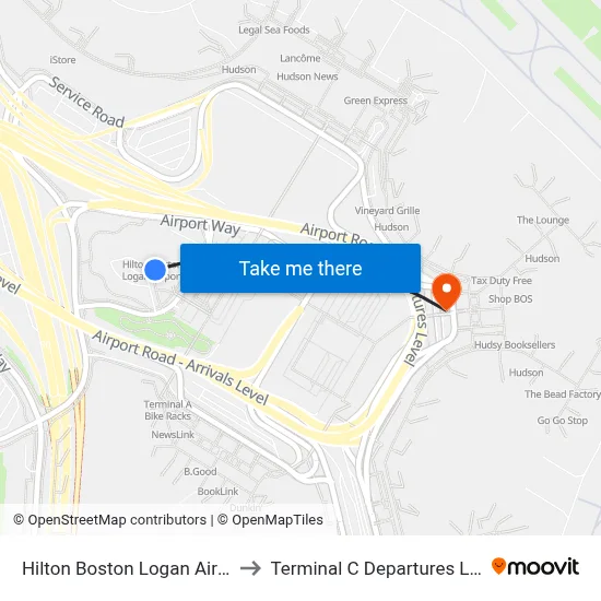 Hilton Boston Logan Airport to Terminal C Departures Level map