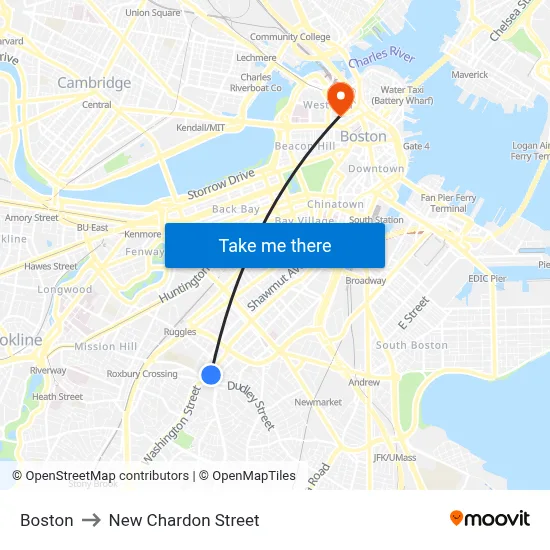 Boston to New Chardon Street map