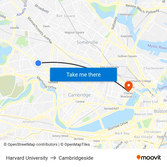 Harvard University to Cambridgeside map