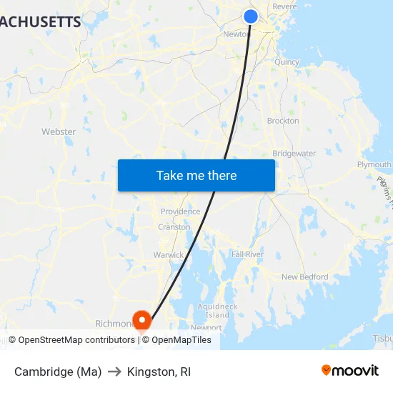 Cambridge (Ma) to Kingston, RI map