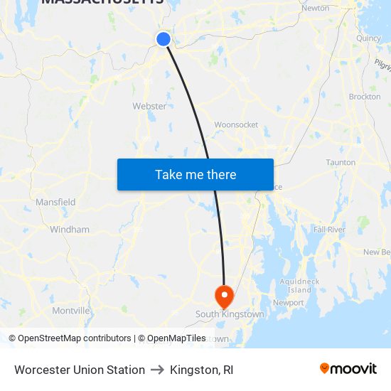 Worcester Union Station to Kingston, RI map