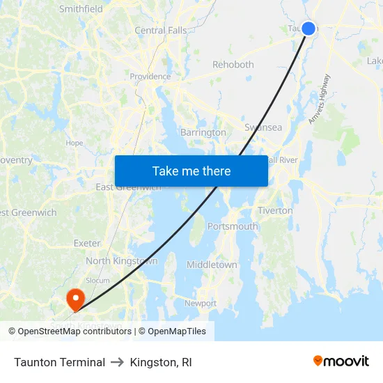 Taunton Terminal to Kingston, RI map