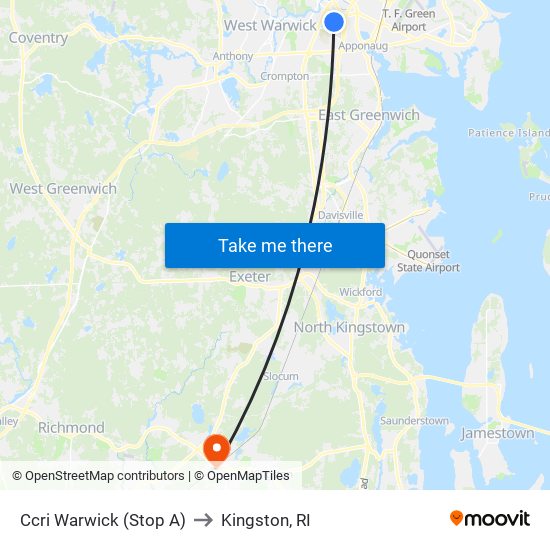 Ccri Warwick (Stop A) to Kingston, RI map