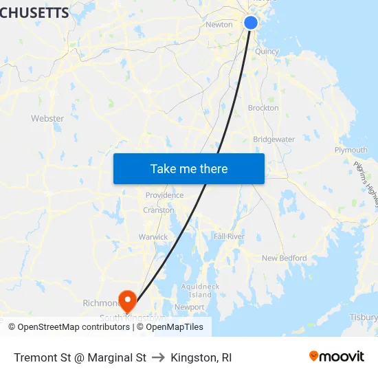 Tremont St @ Marginal St to Kingston, RI map
