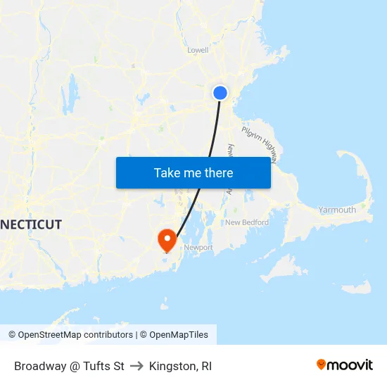 Broadway @ Tufts St to Kingston, RI map