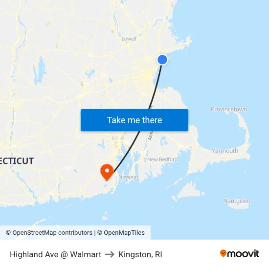 Highland Ave @ Walmart to Kingston, RI map