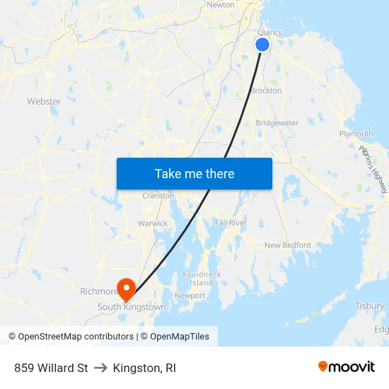 859 Willard St to Kingston, RI map