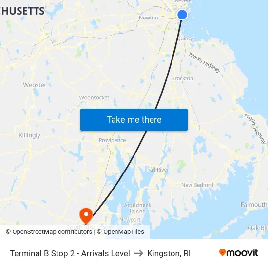 Terminal B Stop 2 - Arrivals Level to Kingston, RI map