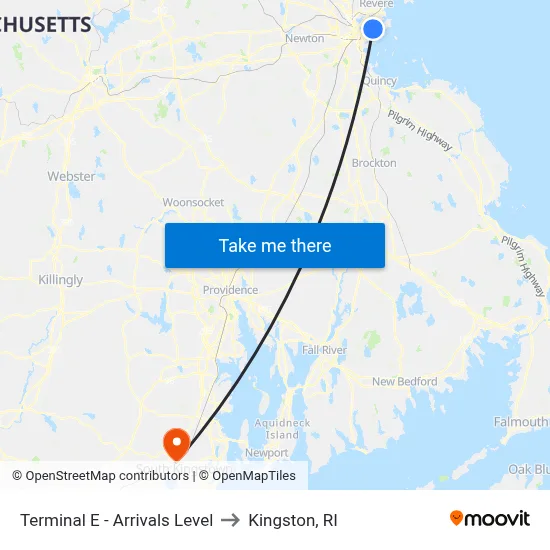 Terminal E - Arrivals Level to Kingston, RI map