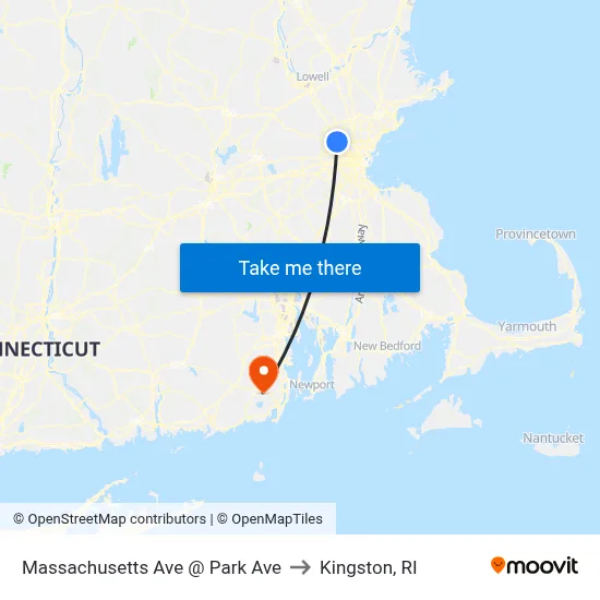 Massachusetts Ave @ Park Ave to Kingston, RI map